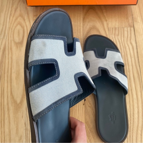 Hermes Izmir Leather Canvas H Sandal Blue Grey - Picture 4 of 9